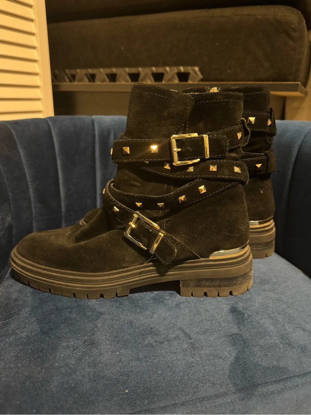 Vine Camuto Black Suede Studded Buckle Ankle Boots - Women